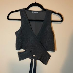 Shien Wrap Tie Crop Top, black, sparkly
